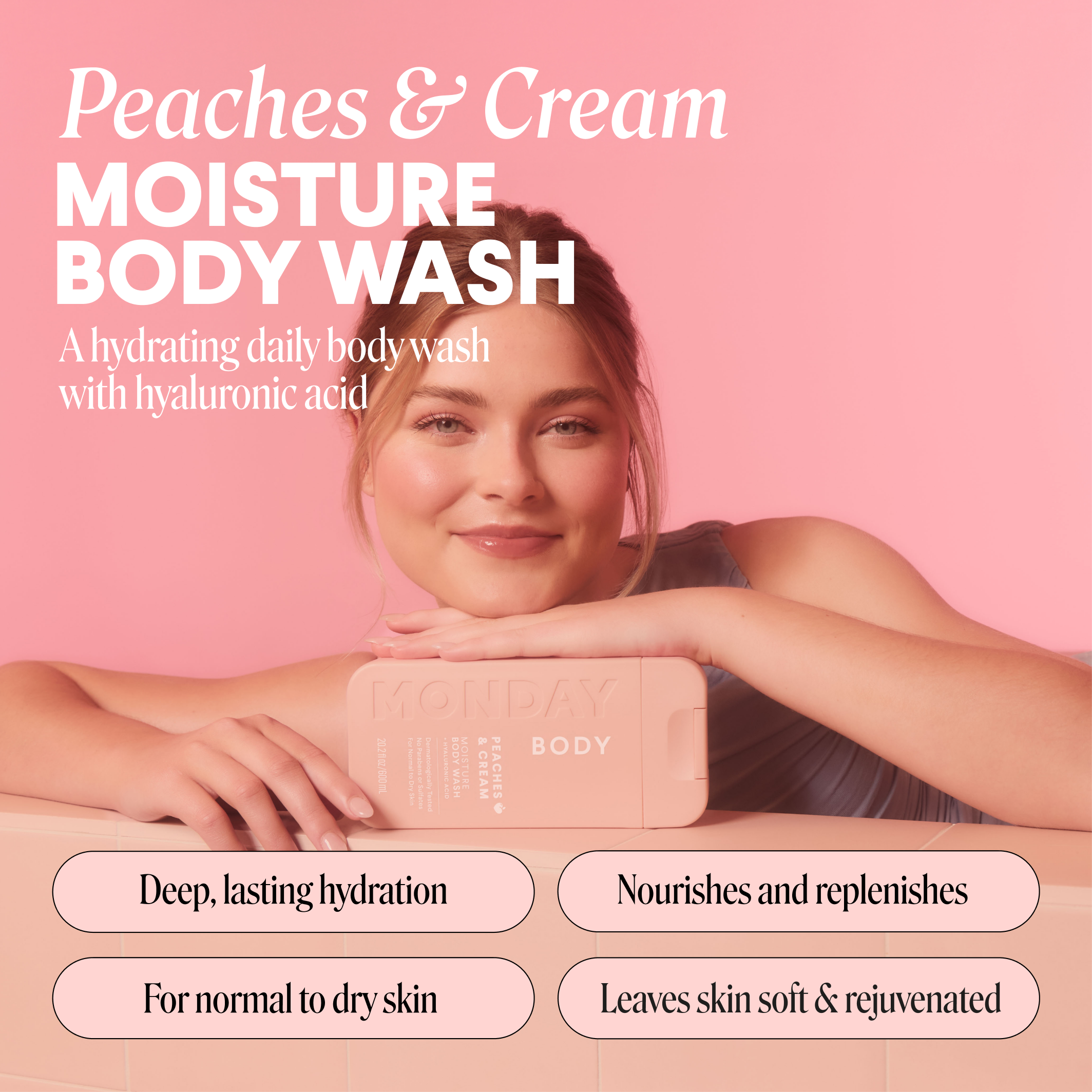 104392-US-UK_MONDAY_MOISTURE Body Wash Peaches and Cream_600ml_ECOM IMAGE 1