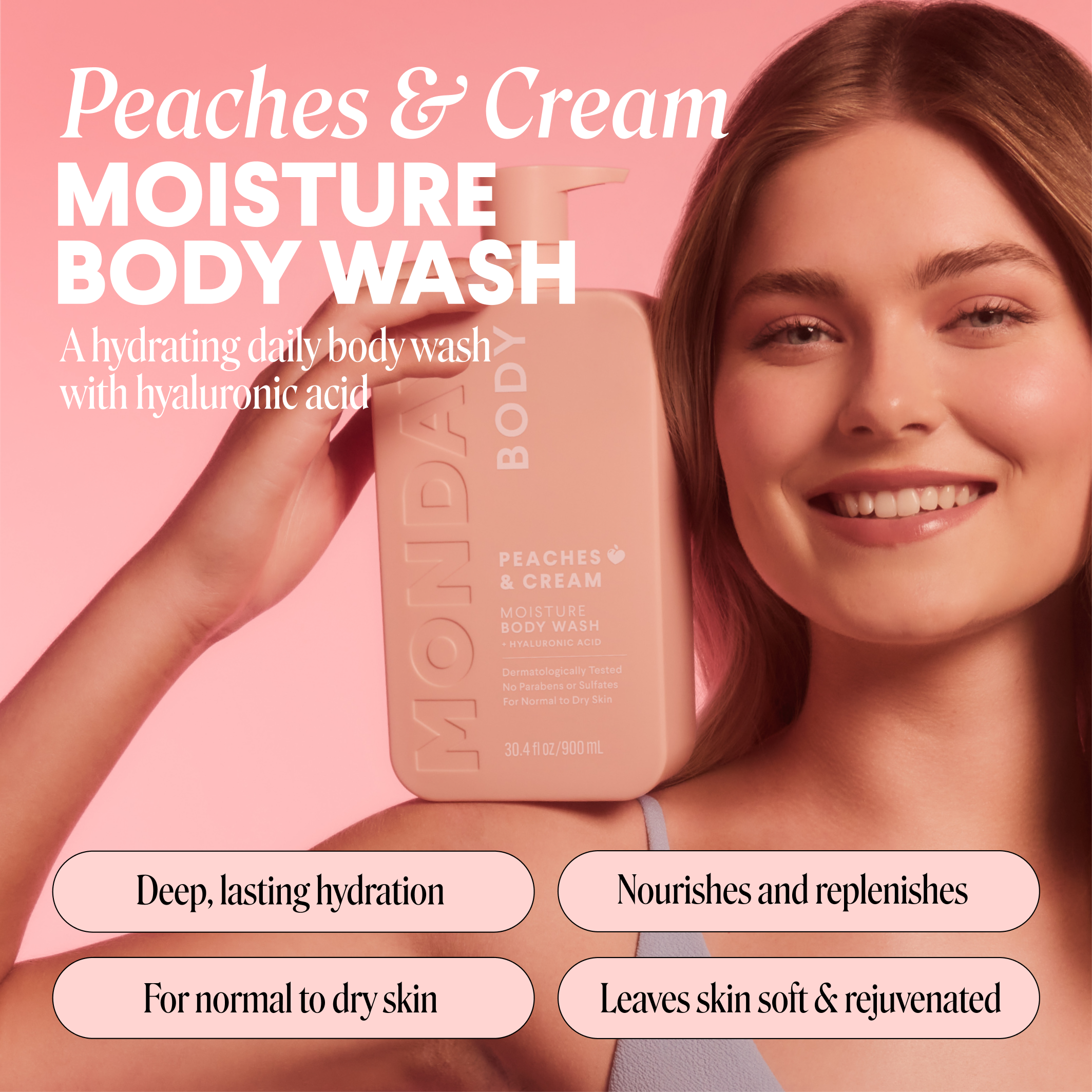 104393-US-UK_MONDAY_MOISTURE Body Wash Peaches and Cream_900ml_ECOM IMAGE 1